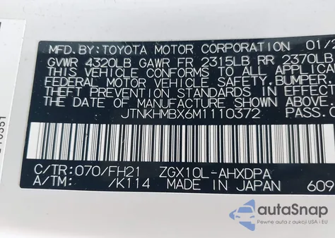 2021 Toyota C-Hr Le z USA, uszkodzony, nr VIN JTNKHMBX6M1110372